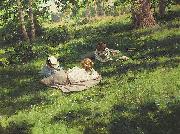 johan krouthen Three reading women in a summer landscape oil